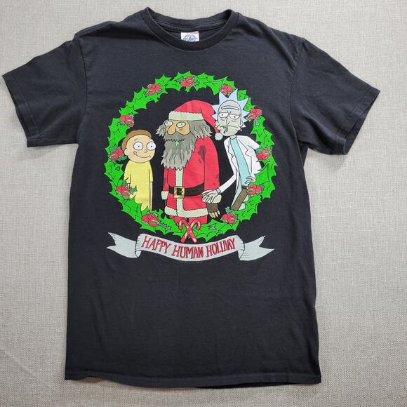 Rick and Morty Adult T-Shirt Size S Black Hot Topic Holiday Christmas Santa - Picture 1 of 8